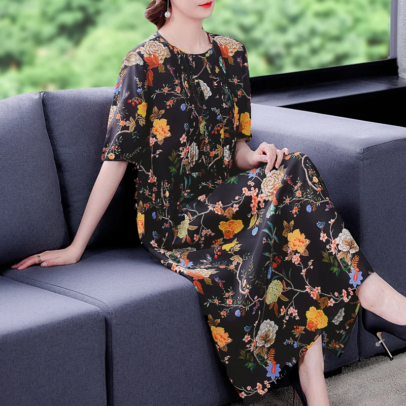 

of the new 2021 summer fashion printed silk leisure dress loose big yards long long dress in women's clothing