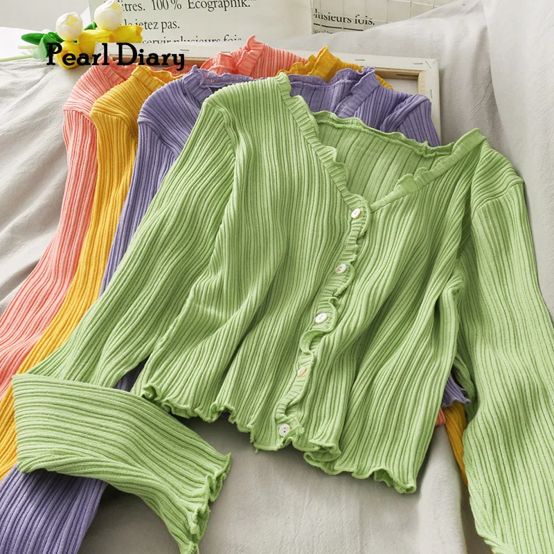 Купи Pearl Diary Rib Crop Cardigans Candy Color Spring Autumn Long Sleeve V Neck Ruffle Edge Buttons Front Blouse Slim Fit Cute Tops за 716 рублей в магазине AliExpress