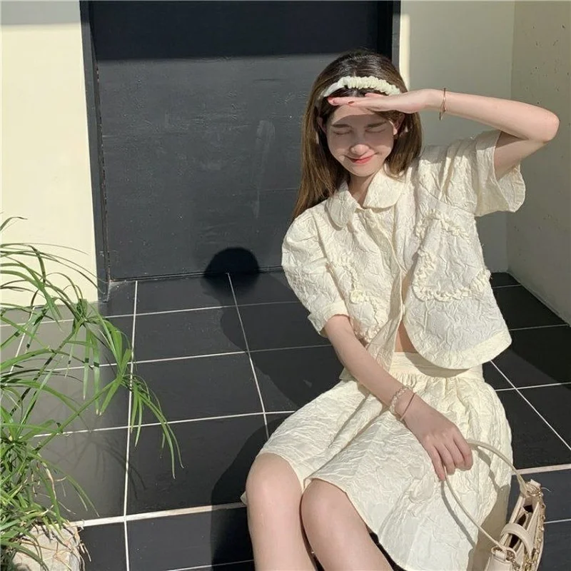 

Women Sets Puff Sleeve Button Tops Girl Fungus Fashion Temperament Slim Mini High Waist A-line Skirt Folds Korean Style Gentle