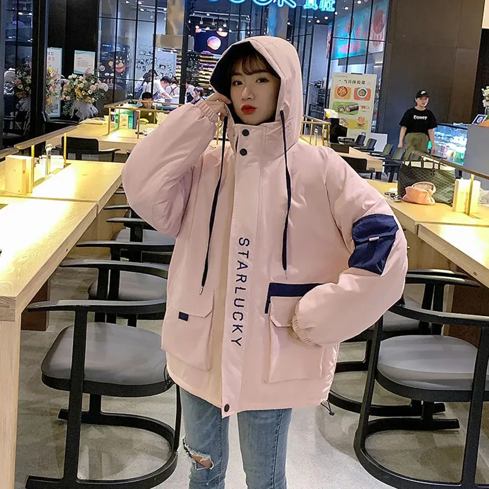 

Simple Chic Letter Pattern Pockets Hooded Plus Velvet Thicken Coats Fall Winter Panelled Top 2021 Women Casual Tooling Jacket