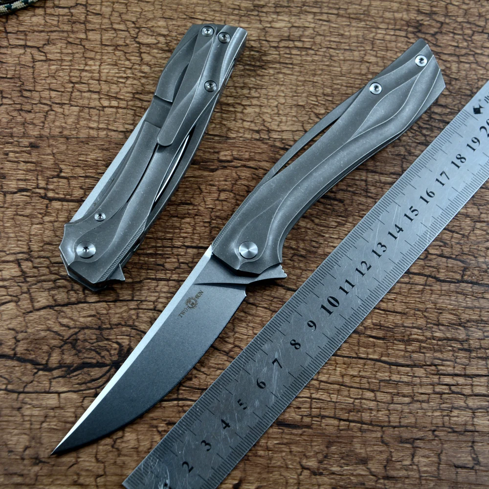 TWOSUN Folding Knife 14C28N Stonewash Blade Ball Bearing Washer TC4 Titanium Handle Outdoor Gear Hunting Pocket EDC  TS351