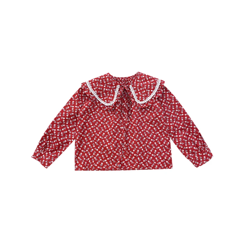

Mila Chou 2021 Spring Autumn Girl's Red Floral Shirt Children's Long Sleeve Shawl Shirt Kid's Comfortable Cute Doll Shirt 2-8Y