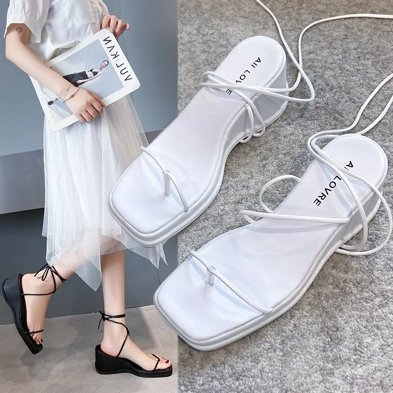 

BRKWLYZ 2021 Fashion Square Toe Wedges Women Sandals Lace Up Gladiator Sandal Back Strap Summer Shoes Women Casual Beach Sandal