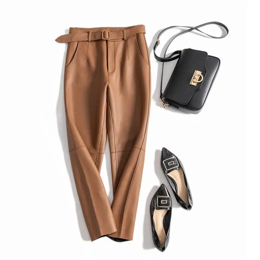 England style great quality real sheep leather ankle length pants Spring female High waist was thin pencil leather Pants F999