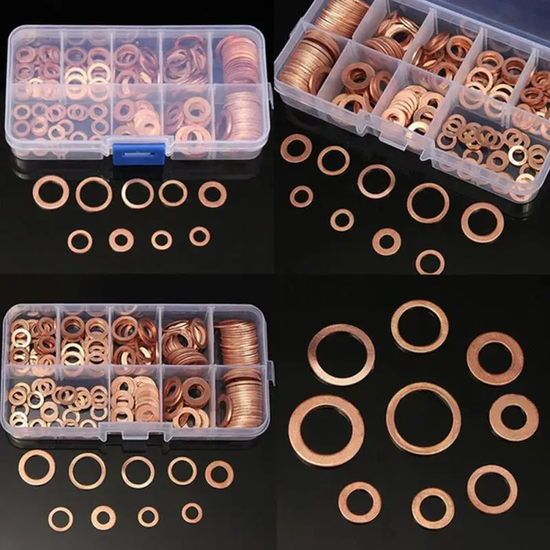 Copper Washer Gasket Nut and Bolt Set Flat Ring Seal Assortment Kit with Box //M8/M10/M12/M14 for Sump Plugs | Строительство и
