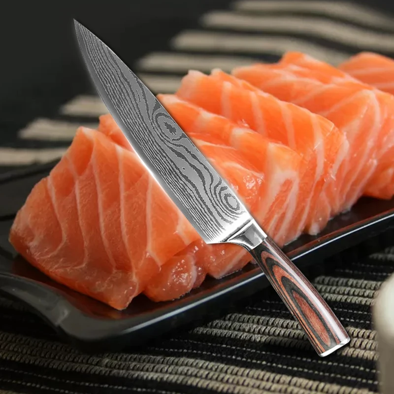 Кухонный нож из нержавеющей стали лазерный дамасский узор цветная деревянная