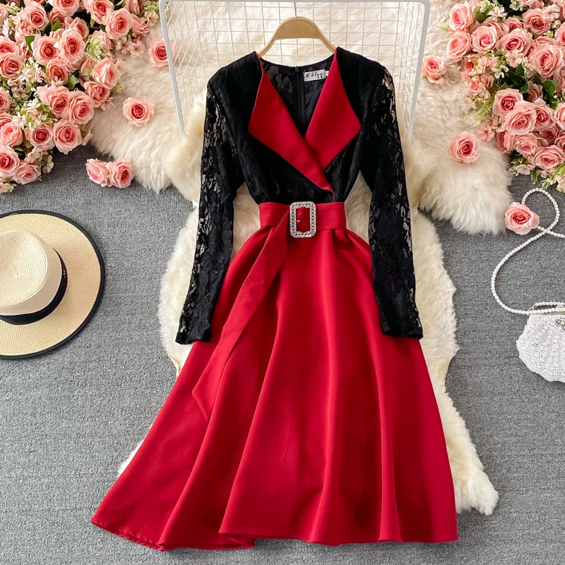 

Autumn Sexy Guaze Patchwork Long Sleeve Office Dress Women Fashion Celebrity Suit Collar Waist Tunic Big Swing Pleated Dress