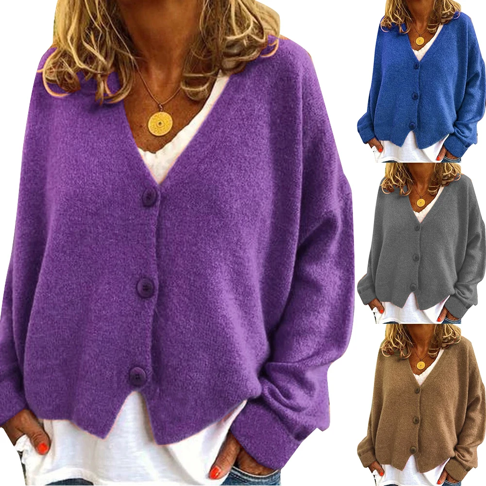 

Fashion Women Solid Color Long Sleeve Casual Buttons Short Cardigan Loose Plus Size Coat Elegant Autumn Sweater Tops