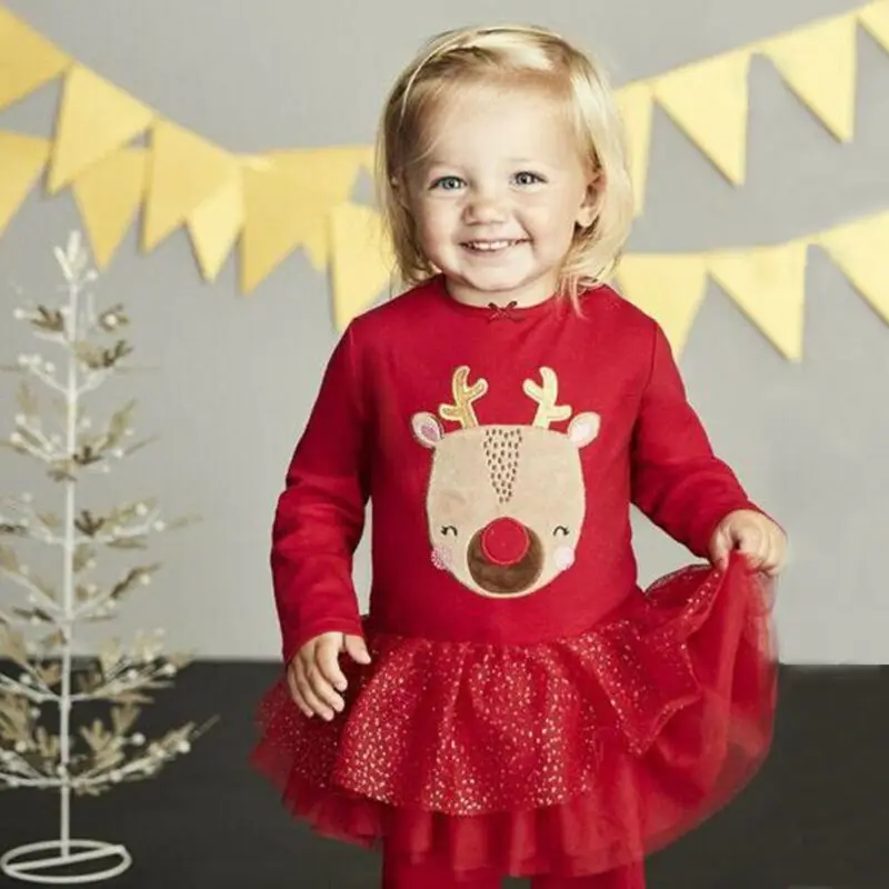 Emmababy, коллекция года, рождественское красное платье с оленем для маленьких девочек, рождественское хлопковое платье с длинными рукавами+ кружевное Повседневное платье-пачка праздничная одежда