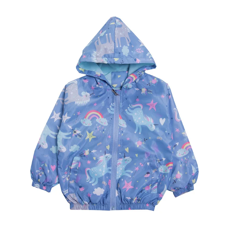 

Spring Summer Kids Girls Windbreaker Unicorn Jackets Cartoon Hooded Blue Color Jackets for Girls Child Outerwear 2-8years Old
