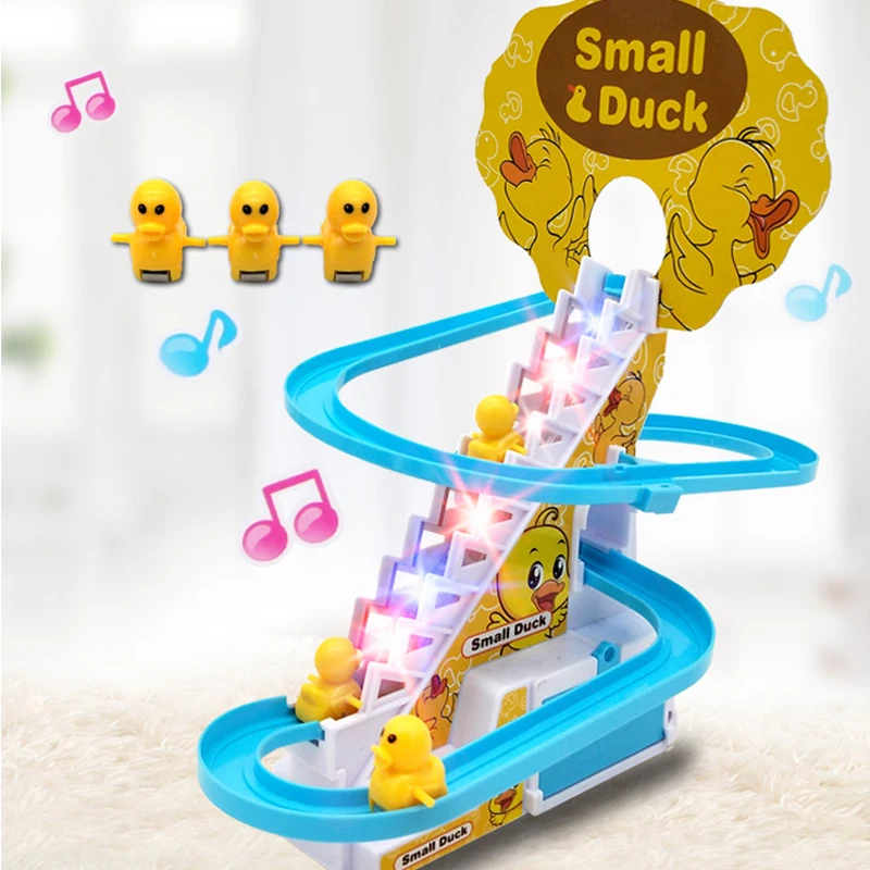 

New Electric Duck Climbing Stairs Track Toys Cartoon Train Duck For Children Electronic Music Kids Funny Birthday Gift
