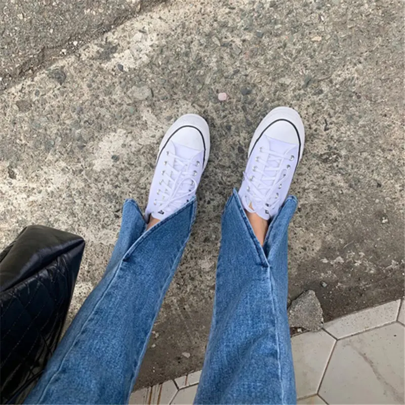 

Blue Streetwear Split Jeans 2020 High Quality Stylish Fashion Chic High Waist Women Casual Slender Denim Flare Pants