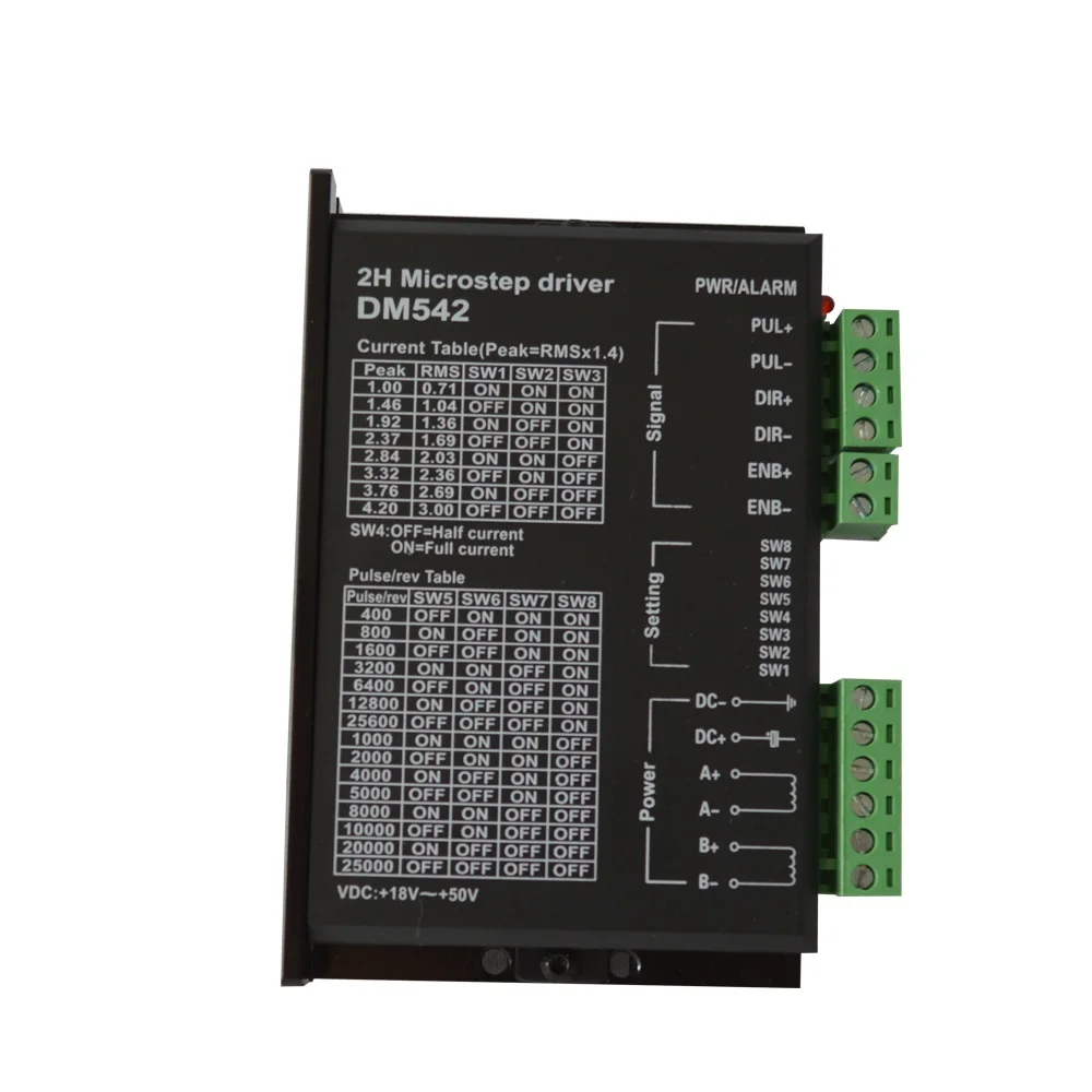 

Драйвер двигателя DM542 для двухфазного шагового двигателя nema 23 с входным напряжением 24 ~ 50 В постоянного тока, 128 деление