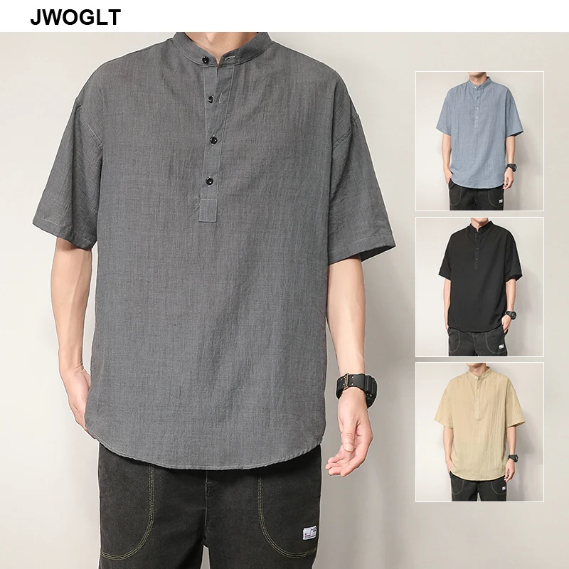 Японская мода летние рубашки повседневный короткий рукав хаки черный пуловер