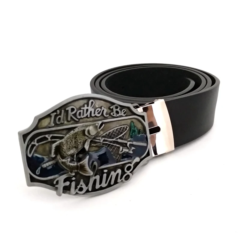 Mens Designer Belts Black PU Leather with Metal Buckle Cowboy I'd Rather Be Fish Zinc Alloy Buckles for Men Jeans Accessories