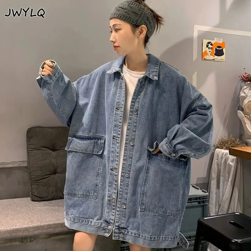 Harajuku Große Tasche Übergroßen Jeans Jacke Koreanische Bf Lose einreiher Streetwear Frauen Kleidung Alle-spiel Schüler Lange mantel