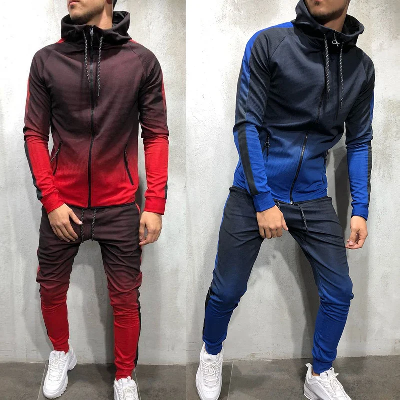 

New Arrival 2 PCS Mens Gradient Packwork Sport Printed Zipper Long Sleeves Tracksuit Sets