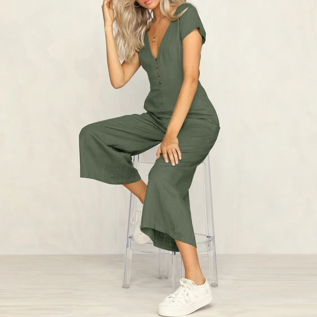 

Rompers Summer New Women Casual Loose Cotton Linen Solid Jumpsuit Short Sleeve V Neck Playsuit Trousers Overalls