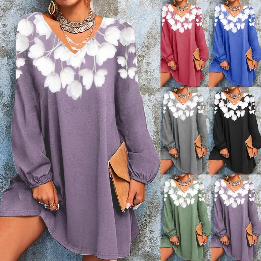 

Autumn Elegant V Neck Beach Long Sleeve Dress Women Casual Print Vintage Party Dresses Plus Size Fashion Pullover Dress Clothing