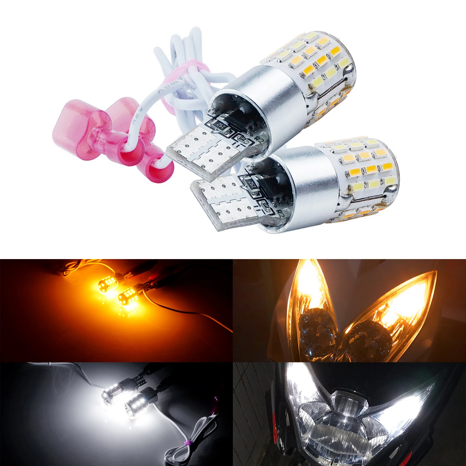 

ANGRONG 2Pcs Motorbike T10 501 W5W LED Bulb White & Amber Daytime Signal Side Light Lamp