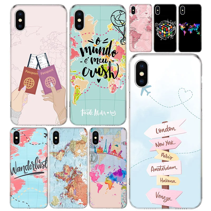 

World Map Phone Case Cover For Iphone 13 12 11 Pro 7 8 6 6S Plus + X XS MAX XR 5 5S SE Fashion Art TPU Coque Shell Capa