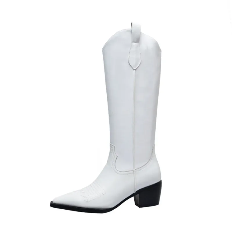 Botas Mujer; обувь для подиума; женские сапоги до колена из натуральной кожи; женские ковбойские сапоги с острым носком на низком каблуке