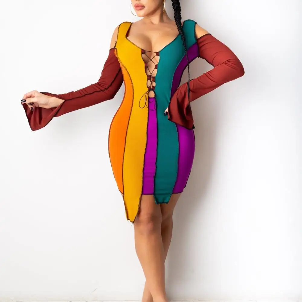 

Casual Hollow Long Sleeve Sexy Mini Elegant Dresses for Women Beachwear Summer Holiday Contrast Color Strap Prom Evening Dress