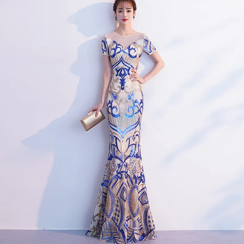 

Evening Dress 2020 New Chinese Style Tulle V-neck Banquet Dress Sequined Fishtail Mopping Host Dress