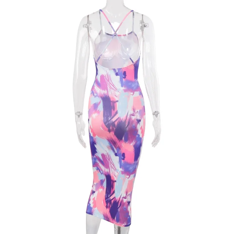 

Hirigin Bandage Backless Tie Dye Print Summer Maxi Dress Women Strap Sleeveless Bodycon Dress Sexy Club Party Long Dresses