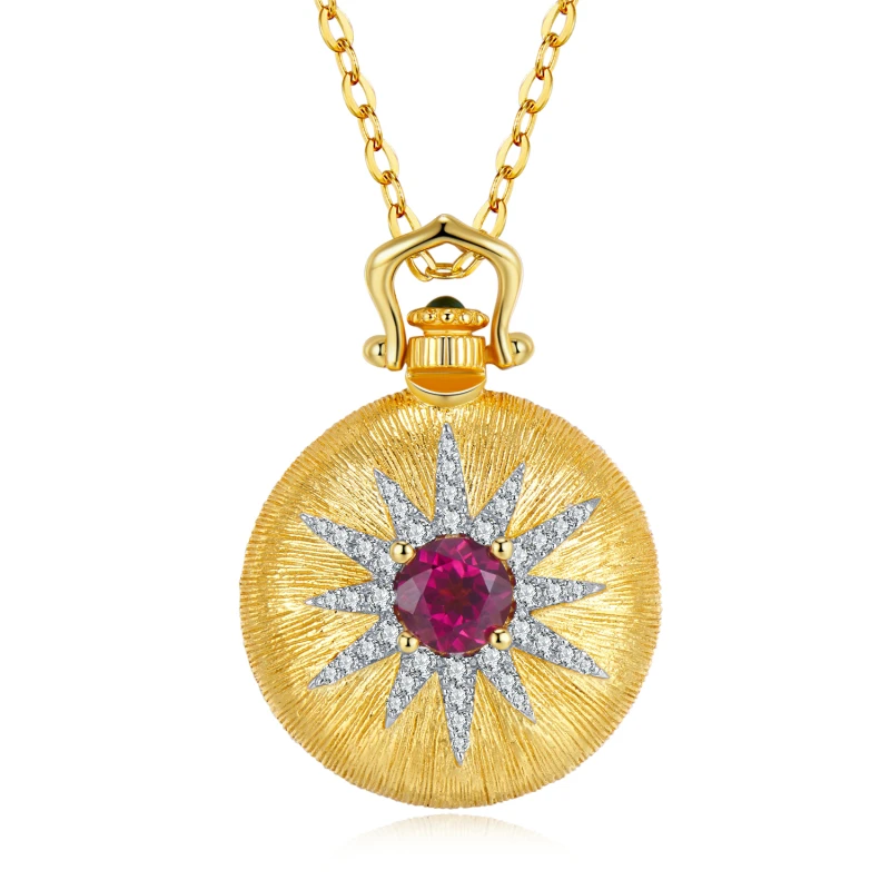 

OGULEE Vintage Gold Radiant Sun Necklace for Women 925 Sterling Silver Mosaic Garnet Round Pendant Necklaces Fine Jewelry Femme