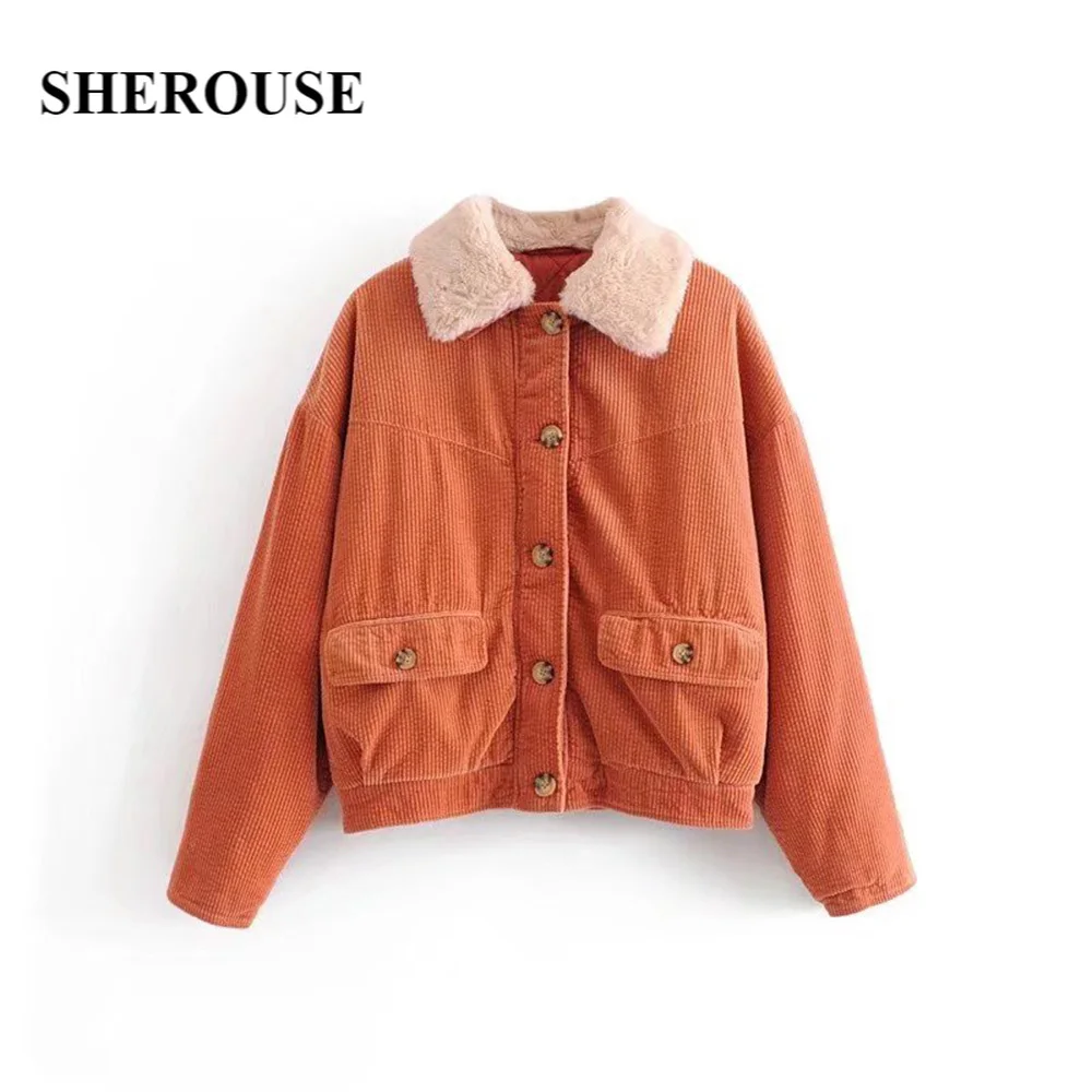 Женская Вельветовая куртка Sherouse с воротником из искусственной овчины