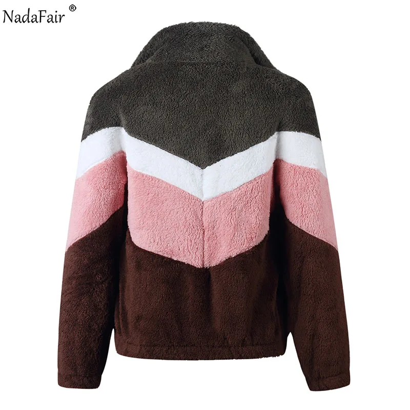Nadafair PinkBlack лоскутное повседневное плюшевое пальто для женщин плюшевая зимняя куртка из искусственного меха пальто женское пушистое пальто
