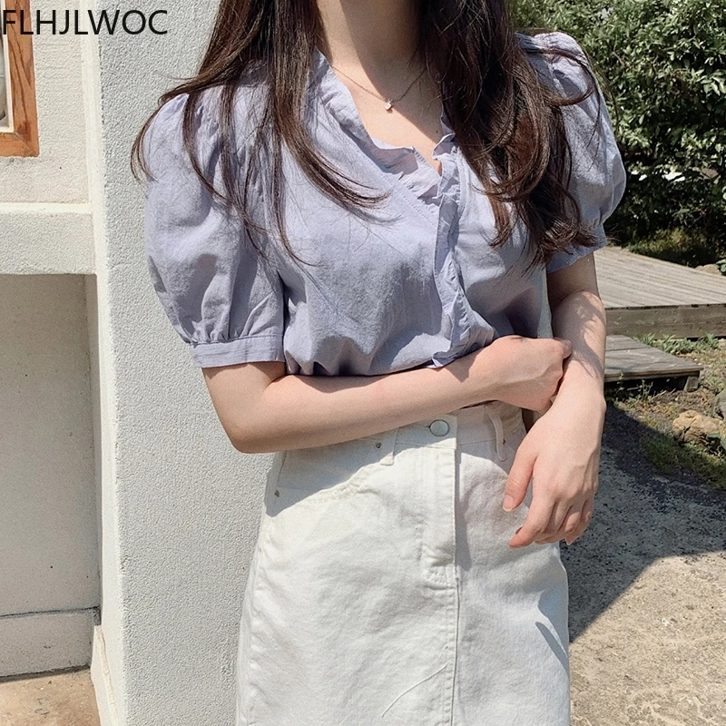 

2021 Summer Short Cute Tops Hot Women Flhjlwoc Korean Japanese Style Girls Chic Sweet Femme Blouse Purple Ruffled Button Shirts
