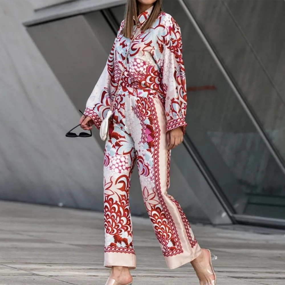 

Women 2021 New Fashion Printed Loose Asymmetric Blouses Vintage Long Sleeve Side Vents Female Shirts Streetwear