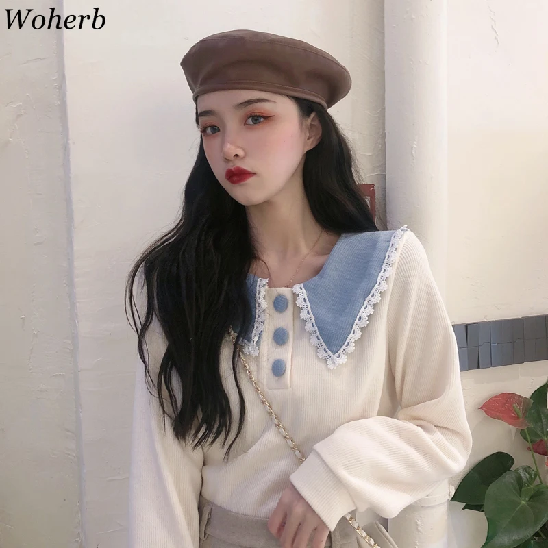 Woherb 2020 милые кардиганы для женщин кружевной воротник Питера Пэна повседневные