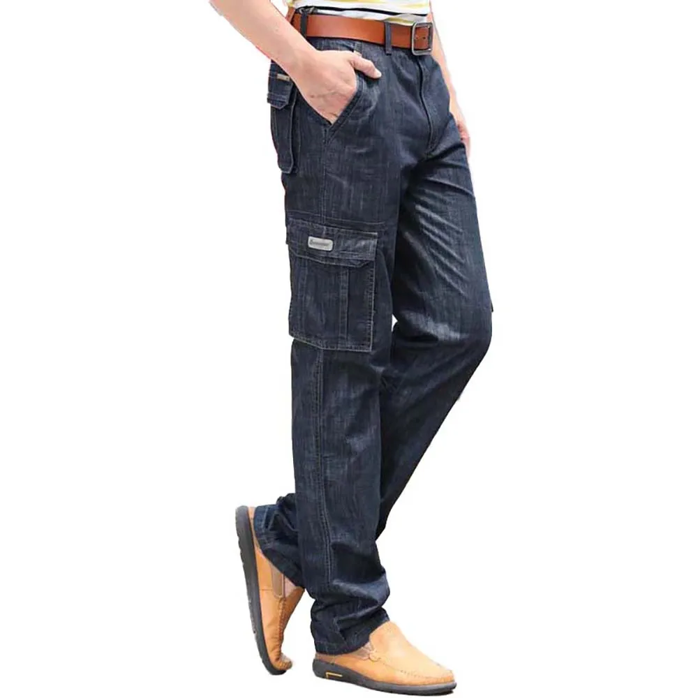 

Fashion Jeans Cargo Pants Men Brand Denim Pants Straight Loose Baggy Relaxed Trousers with Big Pocket Blue Plus Size Men Clothes
