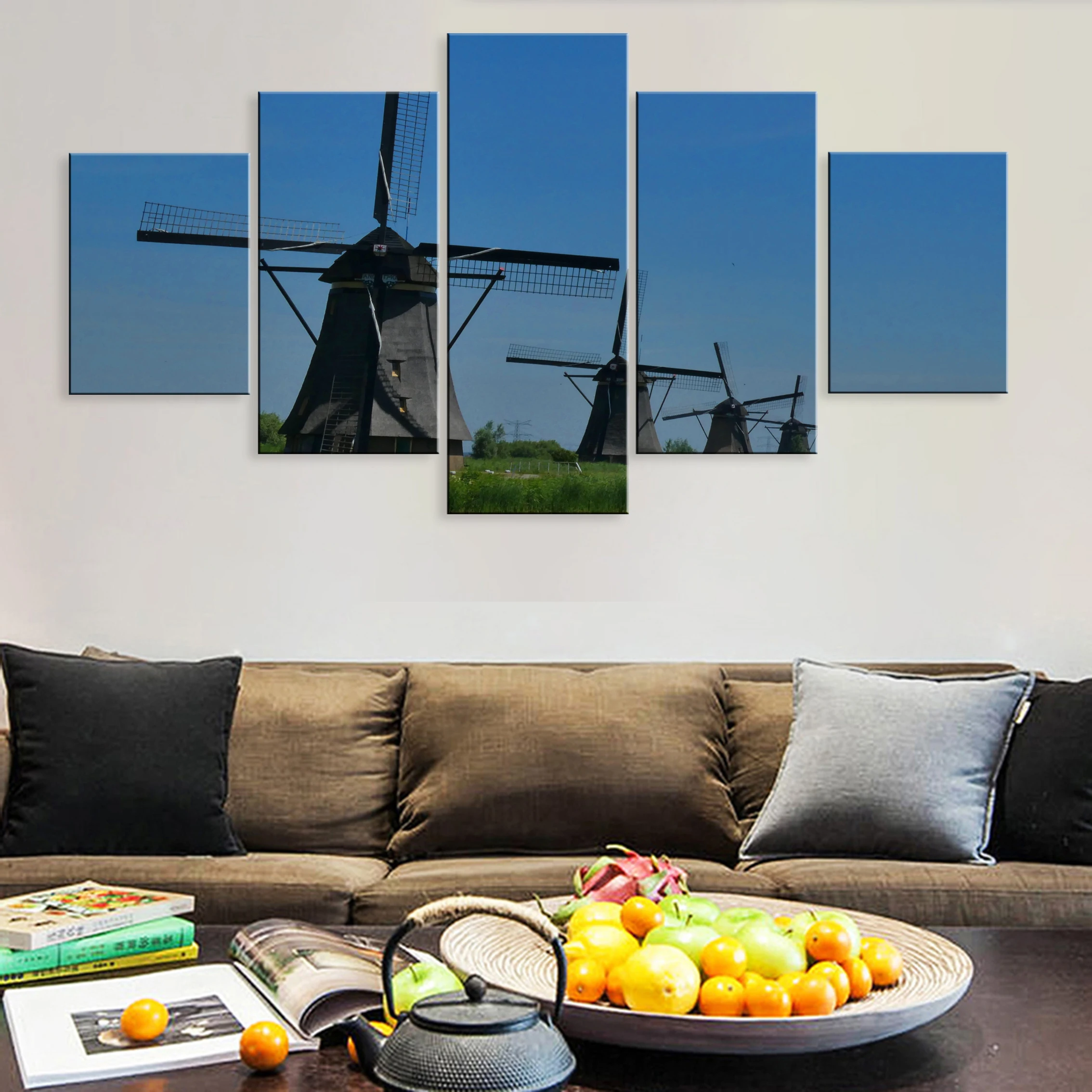 

Hd Printed Decoration Modern 5 Pieces Modular Poster Canvas Room Home Decor Framework Dutch Windmill Beautiful Scenery Landscape