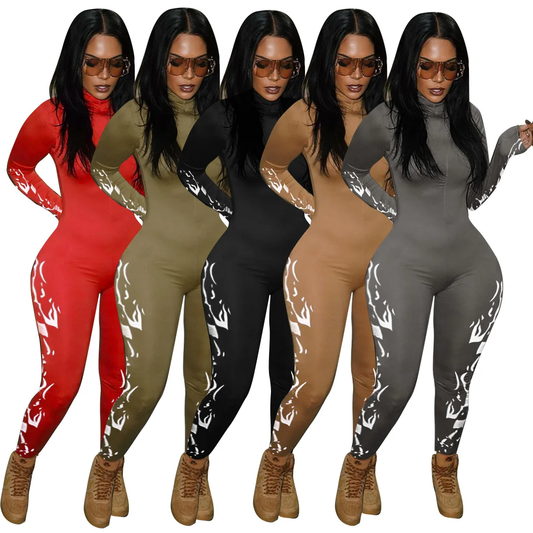 

Cutubly Jumpsuit Neck Long Sleeve Night Club Autumn Jumpsuit For Women Print Zipper Outdoor Wear Skinny Romper