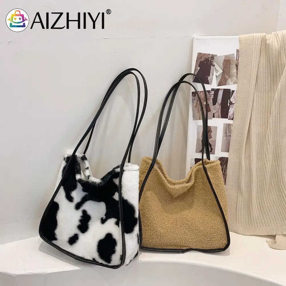 

Fashion Women Plush Shoulder Bag Female Casual Zebra Leopard Cow Print Shopping Bags Autumn Winter Tote Handbags