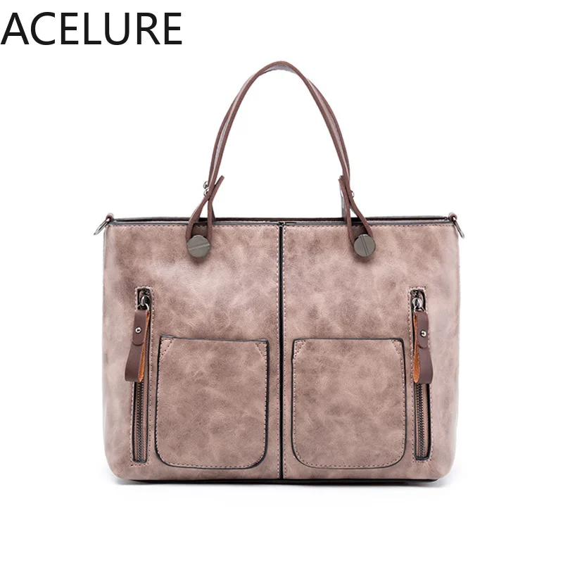 

ACELURE New European and American Fashion Oil Wax PU Leather Large Female Bags Ladies Solid Color Shoulder Large-capacity Bag