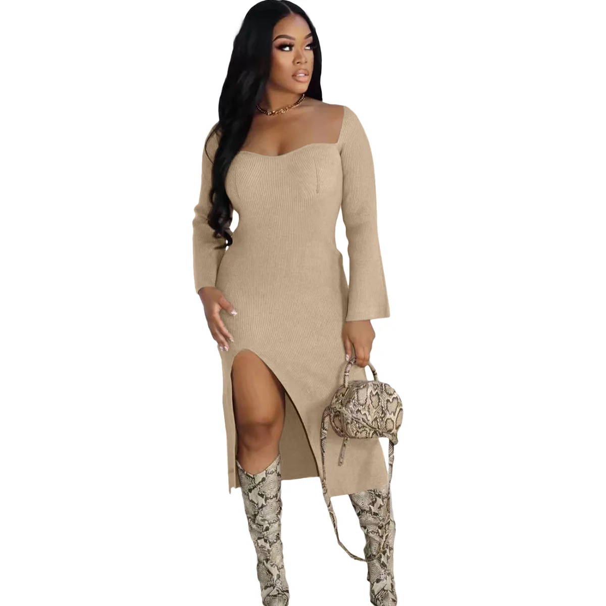 

2021 Women's Autumn New Product Pure Color Trendy Fashion Sexy Casual Long-sleeved Dress Suitable for Nightclub Party Wear
