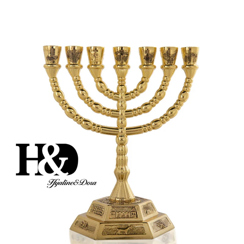 H&D, 7 веток, шестиугольная основа, 12 племен Исраила, менора в золоте, 6,2 дюймов, святая земля, подарок, Джерузалем, храм, украшение на свадьбу, день рождения