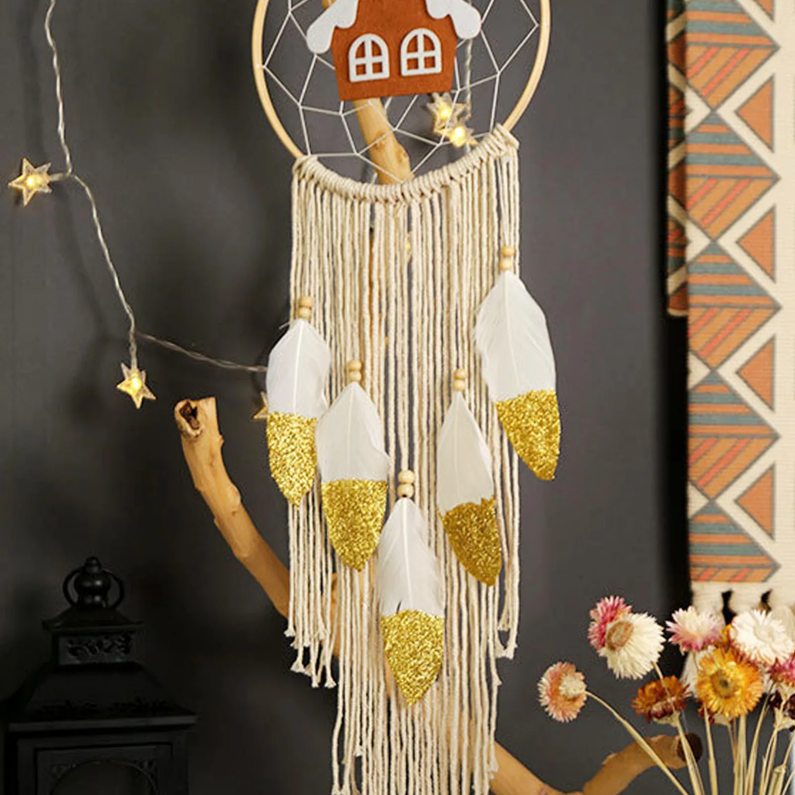 

Dream Catcher Decoration Home Decoration Pendant Golden Christmas Gingerbread House Feather Dream Catcher Christmas Pendant