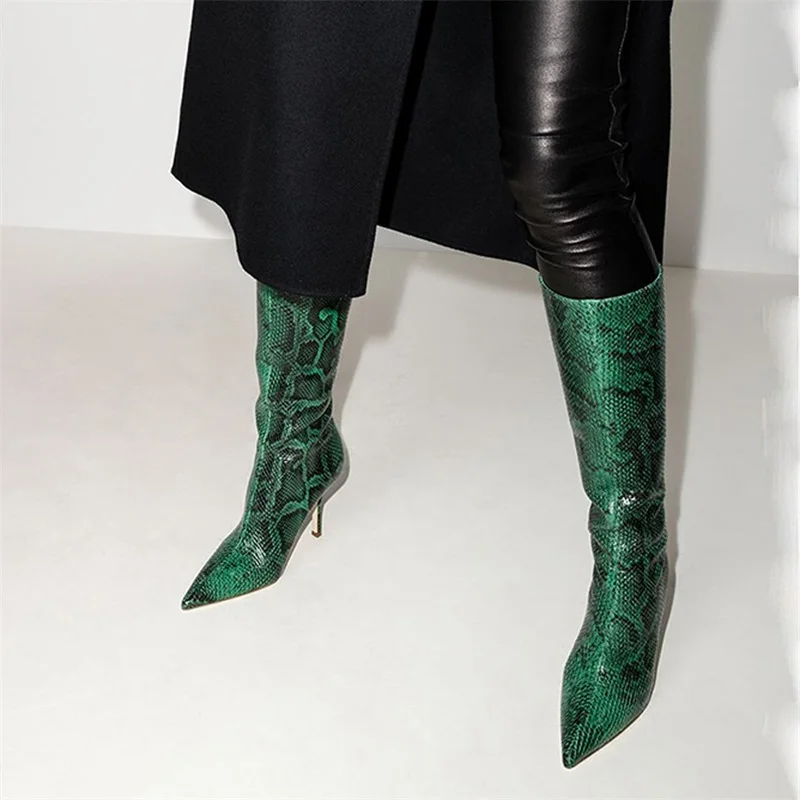 

Long Boots 2021 Spring And Autumn New Thin Heels High Heels Green Snake Pattern High Boots Large Women's Shoes Women's Boots