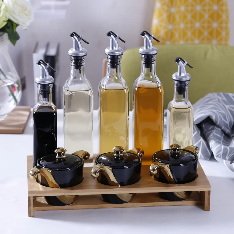 Бак для кухонных приправ Бамбуковая деревянная рама набор бутылок масла