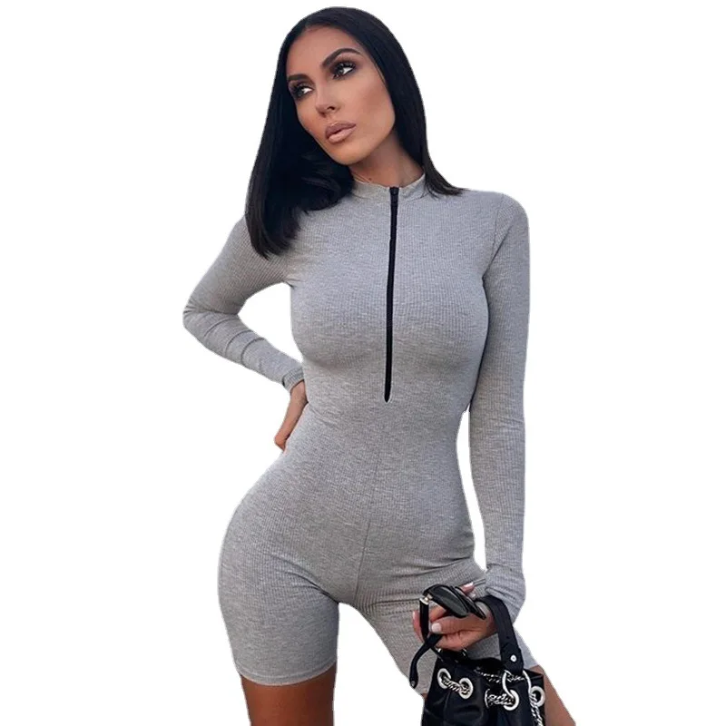 

2021 summer new sexy tight-fitting pit strip long-sleeved zipper tight-fitting jumpsuit jumpsuit woman fashion clothes