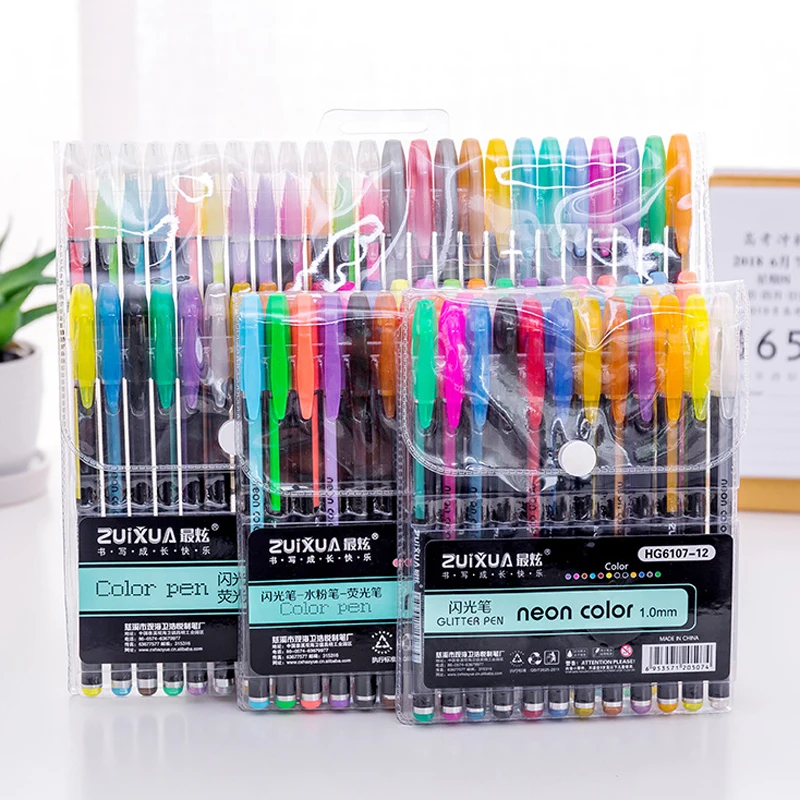 

12/24/48 Colors Gel Pen Set Refills Metallic Pastel Neon Glitter Sketch Drawing Color Pen School Stationery Marker for Kids Gift