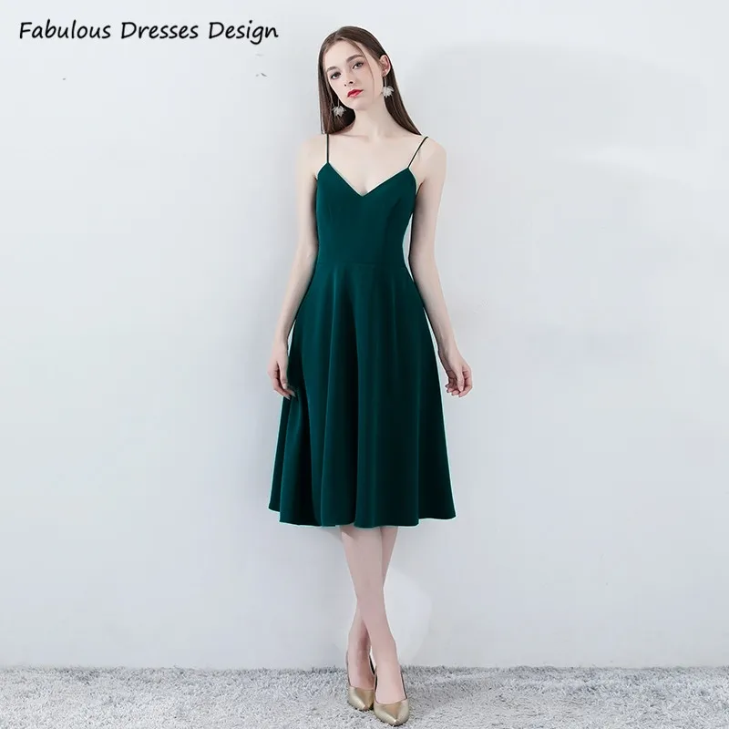 

Dark Green Tea Length Prom Dresses 2021 Spaghetti Strap Backless V-neck Bowknot Evening Dress Party A Line Vestido De Fiesta