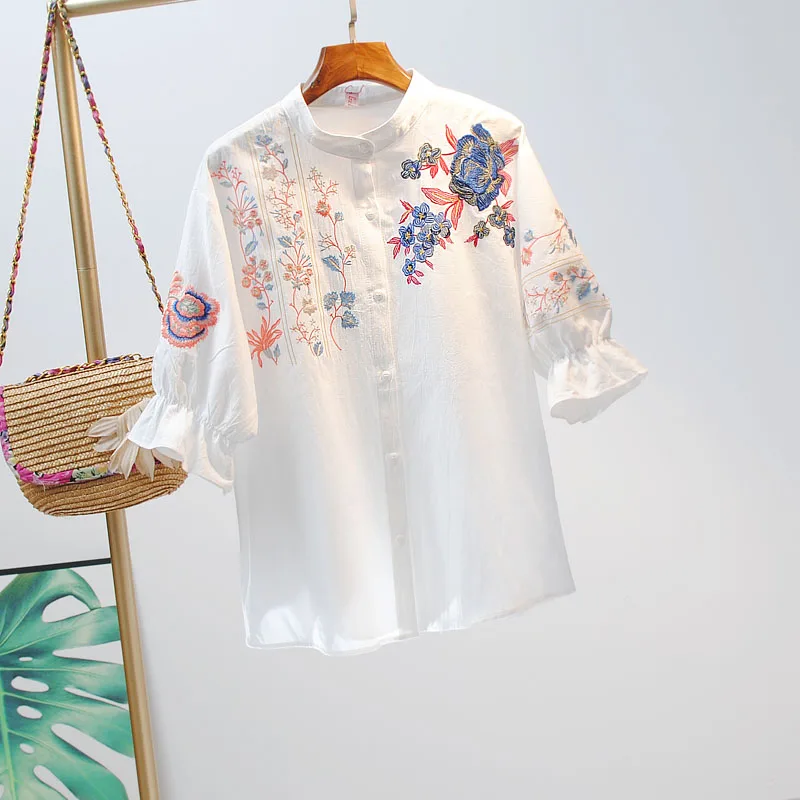 

VANOVICH New 2021 Summer Short-sleeved Shirt Women Wild Fashion Casual Embroidered Ladies Shirts Korean Style Women Clothing