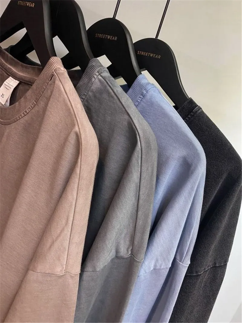 

Europe America high street retro dark gradient washed old pure cotton long-sleeved T-shirt men's trend loose top 2142